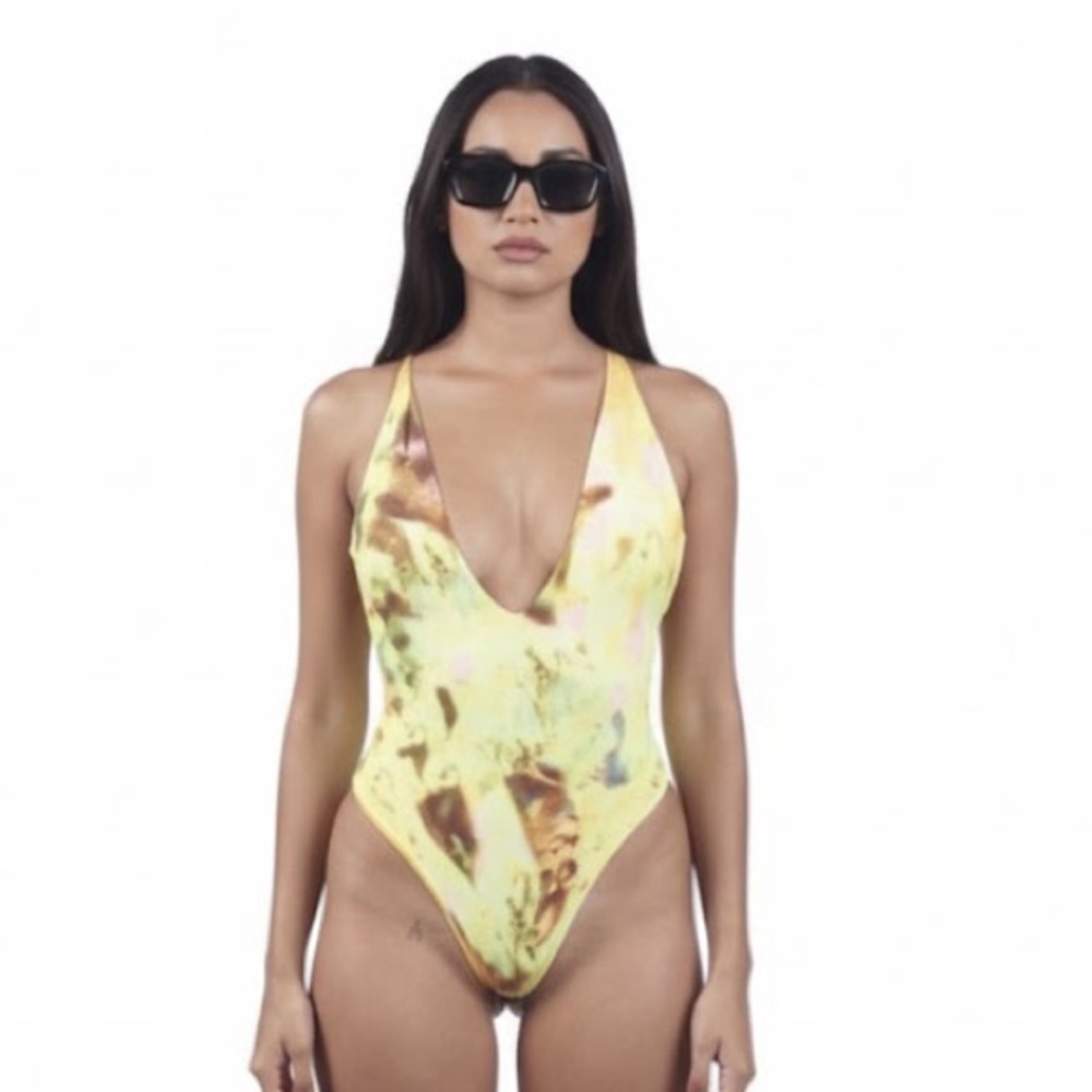 Yellow and Brown One Piece Swimsuit with High-Cut Leg